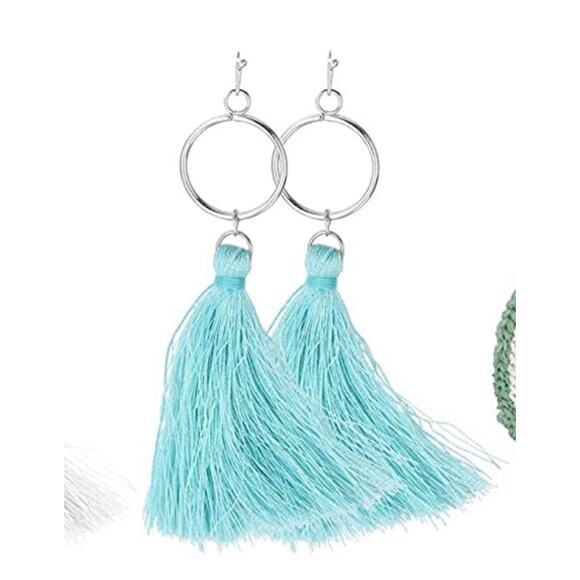 Silver Circle Turquoise Tassel Earrings - Picture 1 of 3